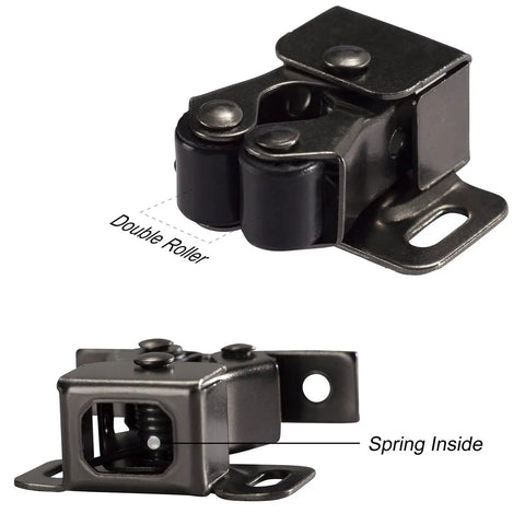 4 Pack Cabinet Latch Double Roller Catch Hardware For Cupboard Closet Kitchen Doors, Black Nickel Finish, Nylon Rollers detail view