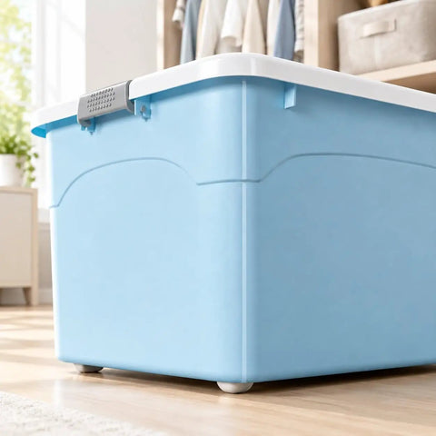 Hassle Free Stackable Storage Bins With Slick Rolling Wheels And Secure Tight Fitting Lids Tailored For Crunching Clutter Closets Dorm Rooms And Garage Use, blue plastic storage bin in a closet.