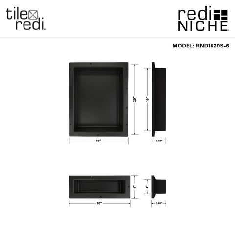 Double Recessed Shower Niche Shelf In Black, Two Tier 16x26x4 Inch Shower Storage, vertical and horizontal views, tile ready