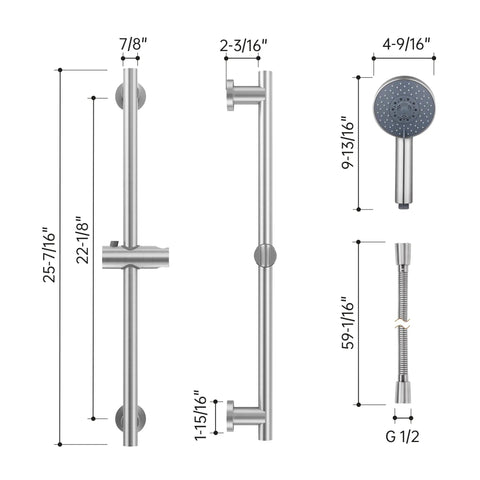 Dimensions of Adjustable Shower Head With Slide Bar And Extra Long Hose For Easy Rinsing 5 Function Handheld Shower Head With Wall Mount