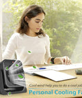 2 In 1 Desk Fan And Space Heater For All Year Comfort, Portable Air Circulator With 45 Degree Tilt next to woman at home desk