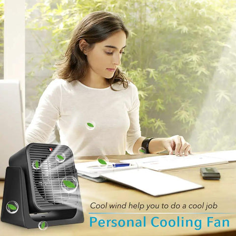 2 In 1 Desk Fan And Space Heater For All Year Comfort, Portable Air Circulator With 45 Degree Tilt next to woman at home desk