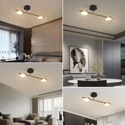 Sleek 2 Light LED Ceiling Light Fixture Semi Flush Mount, 15W Dimmable Warm White 3000K, Black and Gold Finish in home interiors