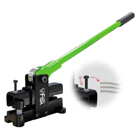 Conduit Offset Bender For One Half Inch EMT Conduit With Adjustable Offset Up To Nine Sixteenth Inch Bends, green handle, side view.