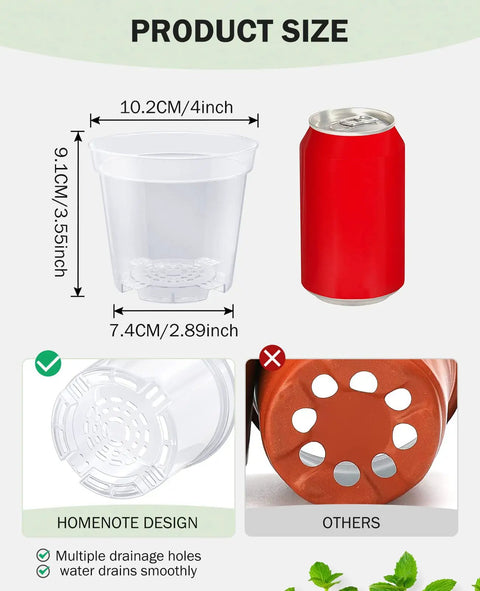 Clear 4 Inch Plant Pots With Drainage Holes, High Transparency Plastic Nursery Pots For Seedlings, Size Comparison with Can