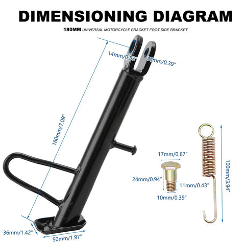 Motorcycle Kickstand For Dirt Bike Sidestand Made From Heavy Iron With Anti Oxidation Coating Includes Spring And Hardware Screws 18 Cm Long Black Finish Rock Solid Build With Stable 60 Degree Angle For Solid Balance On Hard Surfaces - Dimensions Shown