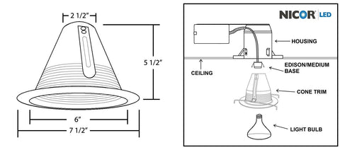 Top Shelf 6 Inch White Airtight Recessed Ceiling Light Trim With Sleek Cone Baffle Design For Zero Glare Hassle Fits Standard Six Inch Housing Cutouts Smooth Drop In Setup Built Tough For Modern Interior Glow Up Projects