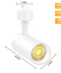 Three Color Adjustable 10W LED Track Lighting Heads Pack of 4 Dimmable 1000 Lumen Output 36 Degree Spotlight Beam 3000K 4000K 5000K Flicker Free CRI90 Plus Matte White Ceiling Fixtures showing dimensions and specs