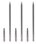 Kickass Pocket Hole Screw Driver Bit Set With 2 Inch And 6 Inch Square Drive Extensions For Tight Spots and Woodworking Joinery Projects, showing six steel bits.