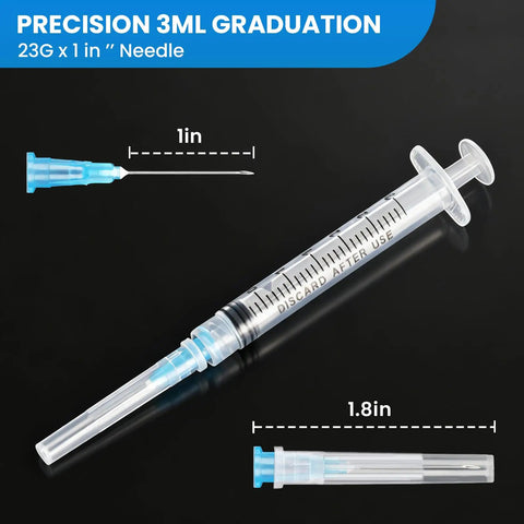 3ml Luer Lock Refilling Syringe Kit 23G 1 Inch Disposable with needle cap and measurement markings, individually sealed pack of 50.
