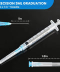 32 Pack 3ML Syringes Equipped With 23 Gauge 1 Inch Luer Lock Tips For Lab Supplies And Daily Liquid Dispensing Tasks Features a clear plastic syringe with blue tips.