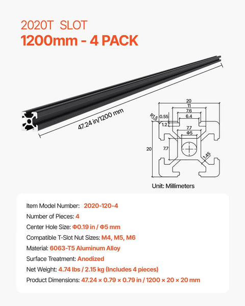 4-Piece 47.24-Inch T Slot Aluminum Extrusion Profile European-Standard Anodized Linear Rail Set diagram and specifications