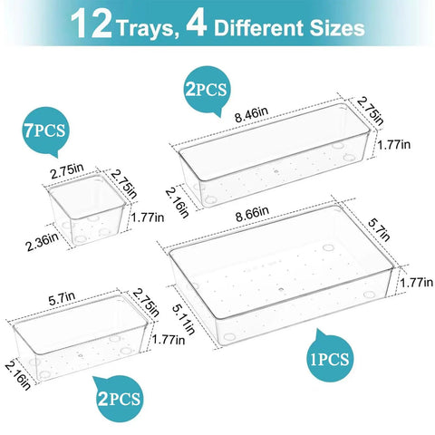 Heavy Duty Clear Plastic Drawer Organizer 12 Piece Set Premium Transparent Vanity Storage Box For Makeup Skincare Cosmetics Straight Up Solid Clutter Buster Built Tough