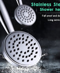 Stainless steel handheld shower head with hose and holder, built from stainless steel and brass, high pressure spray, polished chrome finish.