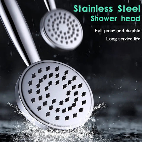 Stainless steel handheld shower head with hose and holder, built from stainless steel and brass, high pressure spray, polished chrome finish.