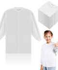 20 Pack Disposable Kids Lab Coats White Scientist Costume Set With Elastic Knit Cuffs for Children, shown with child model