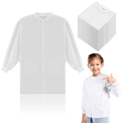 20 Pack Disposable Kids Lab Coats White Scientist Costume Set With Elastic Knit Cuffs for Children, shown with child model