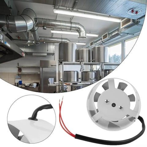 Pro Level 100mm Inline Duct Fan Whispers Silently While Pulling Smoke Directly Out From Kitchen Or Shop Grease Fume Ventilation Unit showing location with steel ducting.