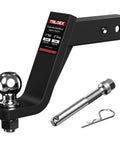 Trailer Hitch Mount With Two Inch Ball For Two Inch Receiver, Six Inch Drop, Rock Solid Towing Up To Seven Thousand Five Hundred Pounds, Includes Five Eighth Inch Screw In Hitch Pin, Easy Install And Tight Fit. Image shows black metal mount with ball and pin.