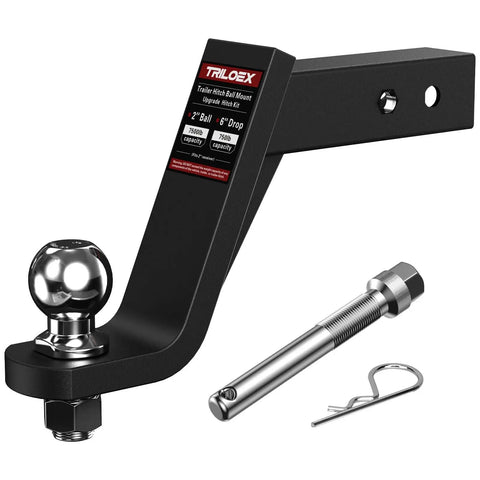 Trailer Hitch Mount With Two Inch Ball For Two Inch Receiver, Six Inch Drop, Rock Solid Towing Up To Seven Thousand Five Hundred Pounds, Includes Five Eighth Inch Screw In Hitch Pin, Easy Install And Tight Fit. Image shows black metal mount with ball and pin.