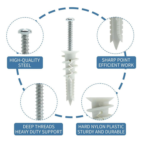 Heavy Duty Self Drilling Drywall Anchor Screw Kit For Sheetrock Mounting, showing steel screws and nylon anchors, ideal for shelf installation.