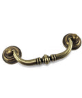 Antique Brass Drop Bail Pulls Set Of 4 With 4-1/4 Inch Center To Center Spacing on white background, vintage shabby chic design.
