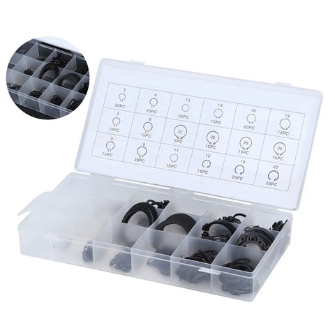 300 Piece Durable External Circlip Kit Retaining Ring Set for Bearings, Gears and Pulleys, in plastic storage case with labeled sections.