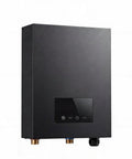 Efficient 14KW Electric Tankless Water Heater for showers and sinks, sleek black stainless steel design, smart tech features.