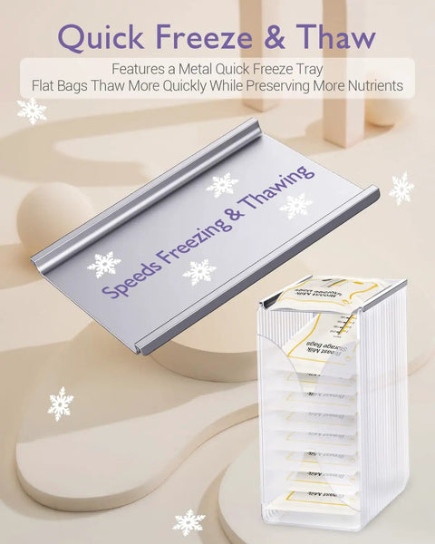 Breastmilk Storage Organizer Freezer Tower With Quick Freeze Tray And Fifo System For New Moms shows quick freeze tray and storage layout.