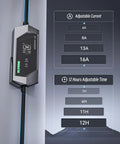 No Fuss Level One And Two Electric Vehicle Charger With Twenty Five Foot Heavy Duty Cord Nema Plugs And Straight Forward Setup For Effortless Tesla Road Trips showing adjustable current options from 6A to 16A.