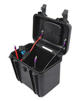 Dead Serious Waterproof Battery Box For 12 Volt Lithium Agm And Sealed Lead Batteries showing open black case with connectors and fuse.