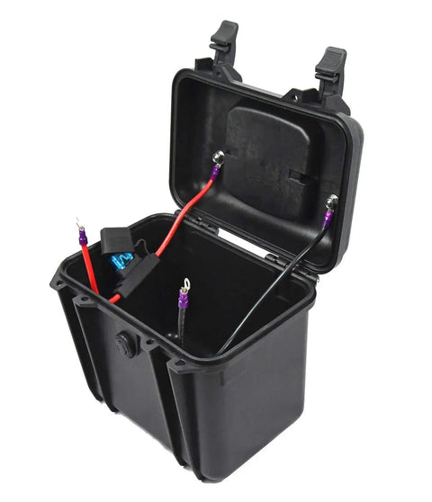 Dead Serious Waterproof Battery Box For 12 Volt Lithium Agm And Sealed Lead Batteries showing open black case with connectors and fuse.