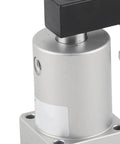 Close-up of Rotary Air Pneumatic Cylinder With 90 Degree Angle For Compound Action, showing silver body and mount, model ACK25-90R.