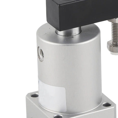 Close-up of Rotary Air Pneumatic Cylinder With 90 Degree Angle For Compound Action, showing silver body and mount, model ACK25-90R.