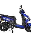 Hot Blue X-Pro Solara 150cc Moped Scooter For Adults With Automatic Gear side view with aluminum rims.