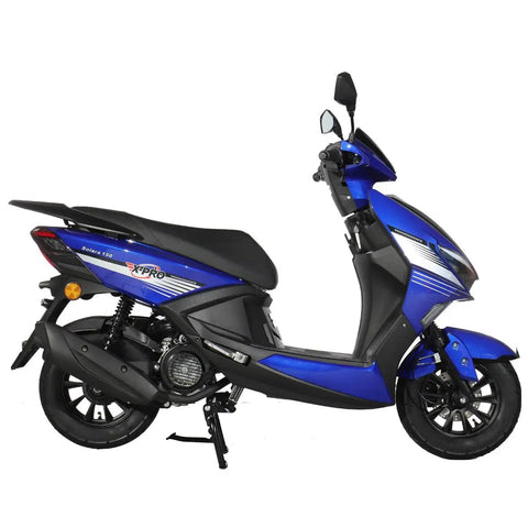 Hot Blue X-Pro Solara 150cc Moped Scooter For Adults With Automatic Gear side view with aluminum rims.