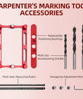 Precision Center Finder Dowel Drill Guide With Self Centering Interchangeable Rods Aluminum Alloy Positioner Tool accessories including drills and rulers.