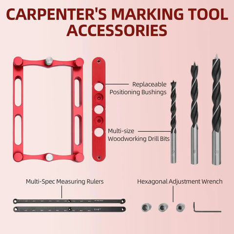 Precision Center Finder Dowel Drill Guide With Self Centering Interchangeable Rods Aluminum Alloy Positioner Tool accessories including drills and rulers.
