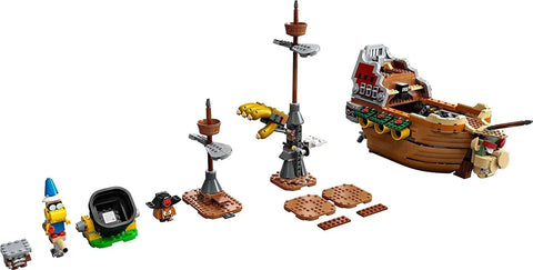 Super Mario Bowser’s Airship Expansion Set 71391 pieces showing ship sections and figures Kamek Rocky Wrench Goomba