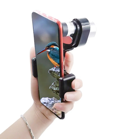 Angled Monocular Quick Focus Portable Telescope attached to smartphone capturing kingfisher bird image