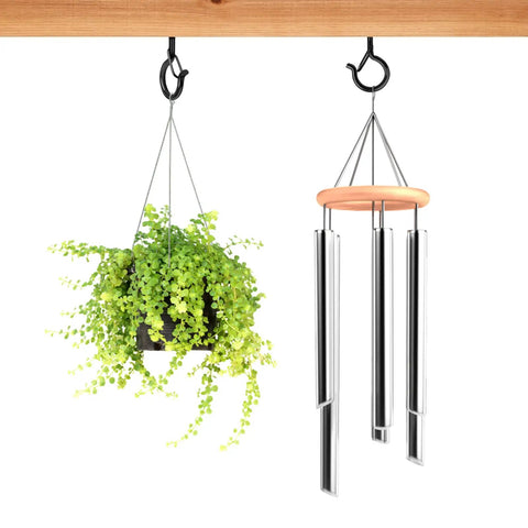 Outdoor String Light Hooks 25 Pack With Safety Buckle Screw In Swivel Eye Hooks holding hanging plant and wind chime