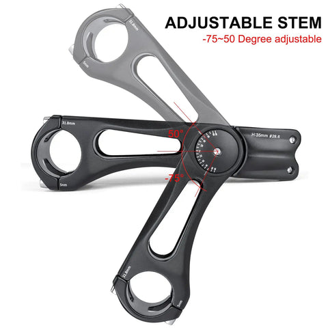 Adjustable Minus Sixty Five Degree To Plus Forty Five Degree Aluminum Bike Stem Riser, 140mm Length, fits 31.8mm Handlebars.