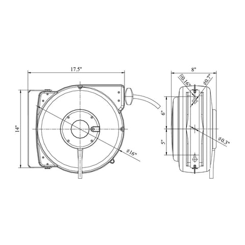 Technical diagram of Retractable 3/8 Inch Air Hose Reel With 50 Foot PVC Hose, Heavy Duty Polypropylene Construction, 300 PSI Max.