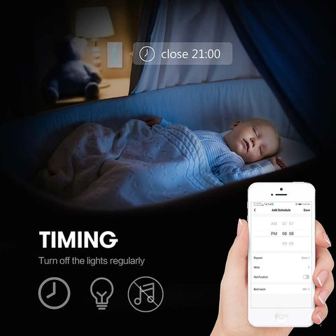 Image of 2 Gang Glass Panel WiFi Smart Light Switch With Touch Control in a nursery with remote app schedule on a smartphone.