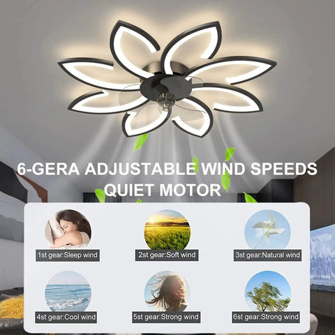 35 Inch Bladeless Ceiling Fan With Lights And Remote, Modern Low Profile Flush Mount LED Ceiling Fan, flower shape, six speeds