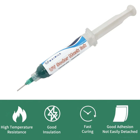 UV Solder Mask Ink syringe showing features; 3 Pack UV Solder Mask Ink For PCB Repair, UV Light Curing, Quick Dry, Durable Finish