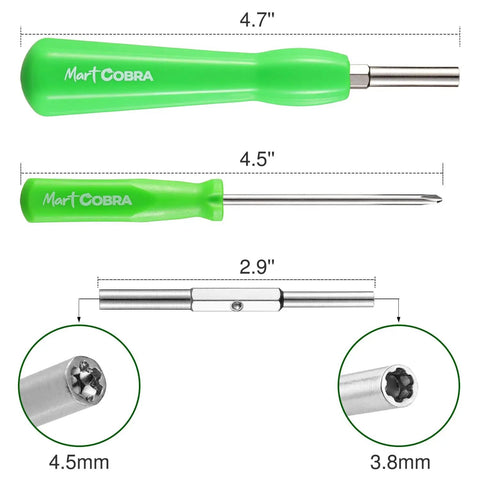 Must Have Portable Gamebit Screwdriver Set With 3 8mm And 4 5mm Heads Plus Magnetic Tri Wing Bit For NES SNES N64 Game Boy GameCube Sega Genesis And Other Cartridges By Mart Cobra, green handles with measurements
