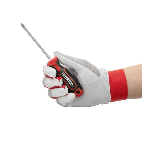 Hand holding a Magnetic Screwdriver Set With Impact Grade S2 Steel And Ergonomic Cushion Grip Four Piece Kit tool