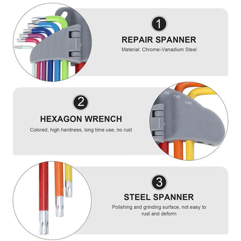 Cool 9pc Star L Hex Key Wrench Set With Long Arms For Heavy Duty Repairs, Super Durable Steel Hexagon Keys That Won T Slip Or Rust At Home Or Shop, color-coded Torx set