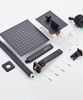 Components of Matte Black 10 Inch Rainfall Square Shower Head System With Multi Function Wall Mounted Trim Kit Easy Install Game Changer